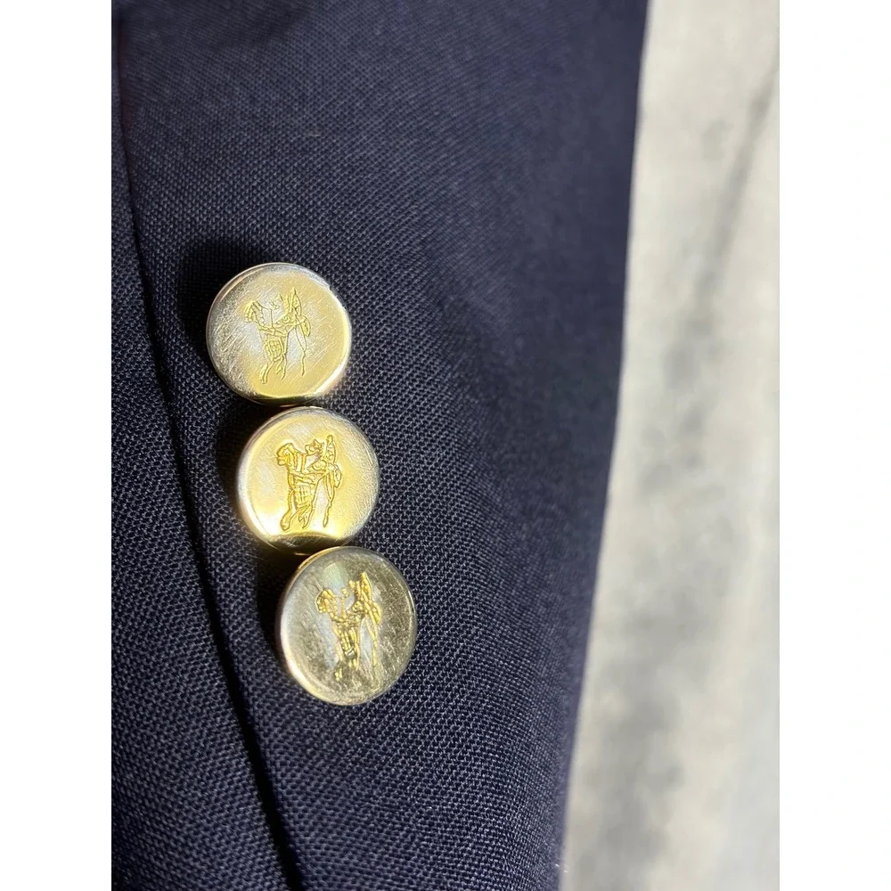 Burberrys Mens Navy Blue Wool Blazer Gold Crest Button Sport Coat Vintage USA